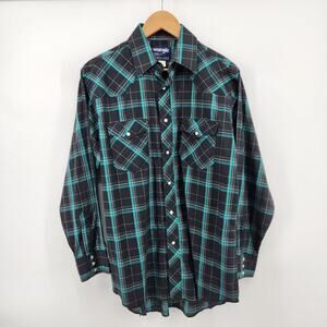 Wrangler Men's 15 1/2 x 33 Cowboy Cut Regular Fit Pearl Snap Black Green Plaid